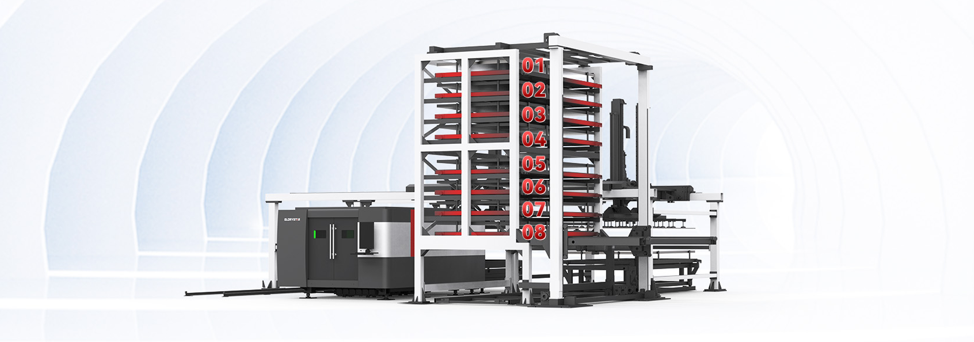 力星激光板材自動(dòng)上下料庫(kù)系統(tǒng)-8層貨格 科學(xué)、緊湊的存儲(chǔ)方案